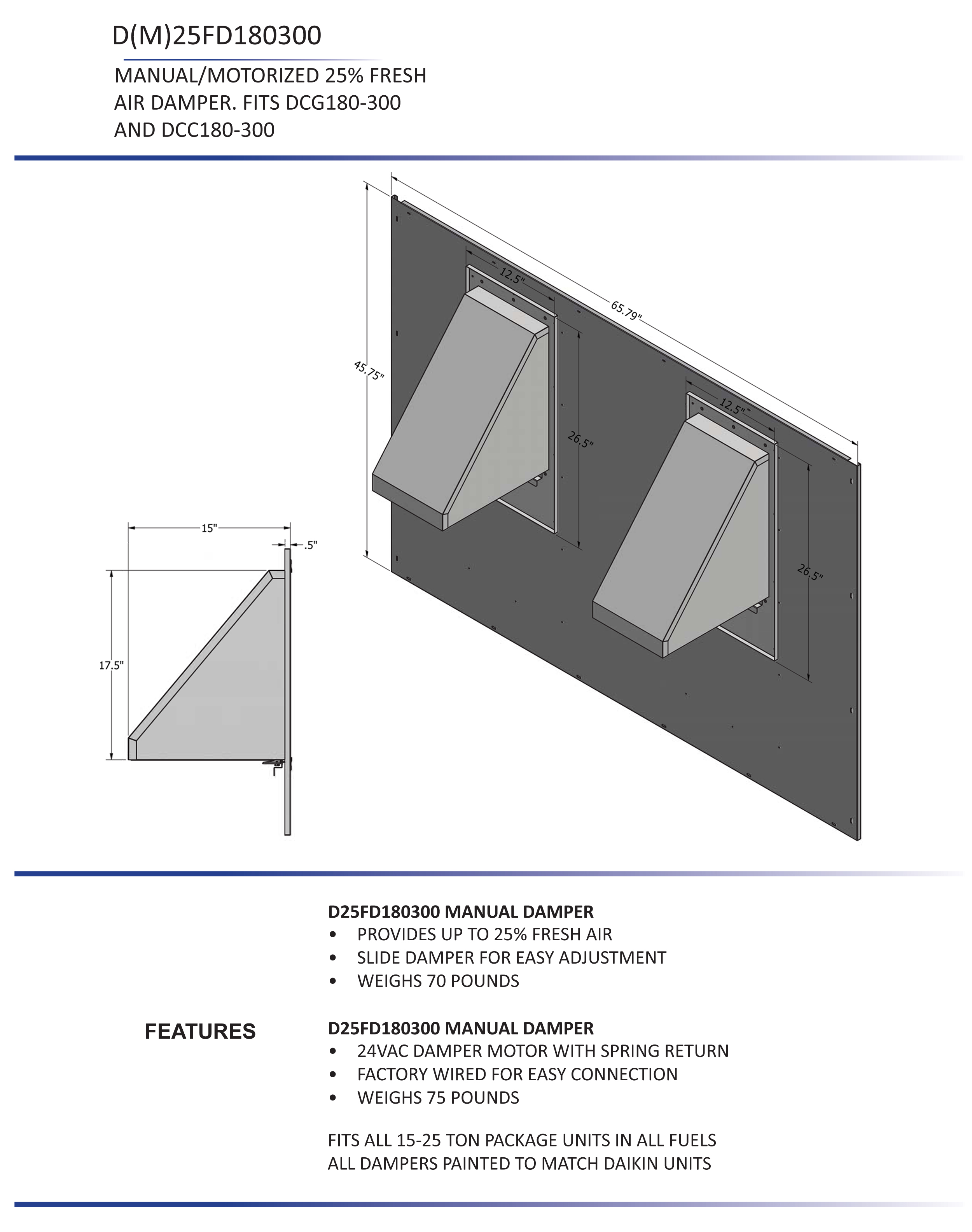 15 - 25 Ton Daikin 25% Motorized Fresh Air Damper  DCC, DCG Models  D25MFD180300